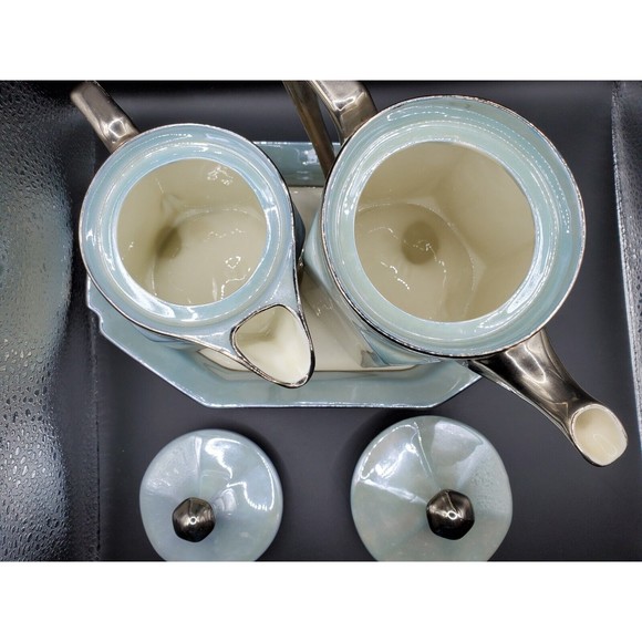 Vintage Beyer & Boch Ceramic Tea Pot Creamer Set W/ Tray Blue Silver Iridescent - Picture 5 of 10